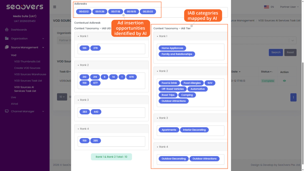 A screenshot showcasing the contextual analysis results generated by four AI models on the SeaOvers Media Suite platform.  