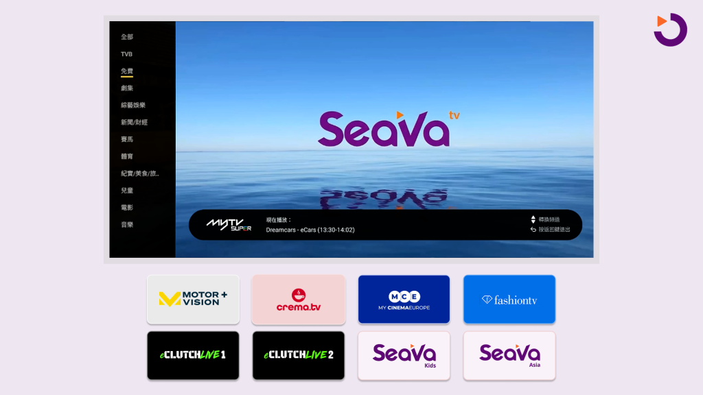 myTV SUPER screen showing the eight FAST channels delivered by SeaOvers